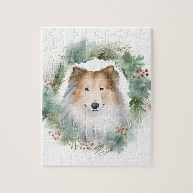 Rough Collie Christmas Wreath Festive Pup  Jigsaw Puzzle (Vertical)