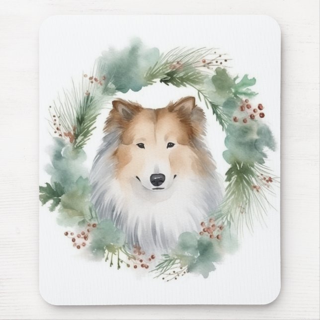 Rough Collie Christmas Wreath Festive Pup  Mouse Mat (Front)