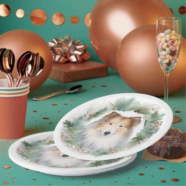 Rough Collie Christmas Wreath Festive Pup  Paper Plate (Multi)
