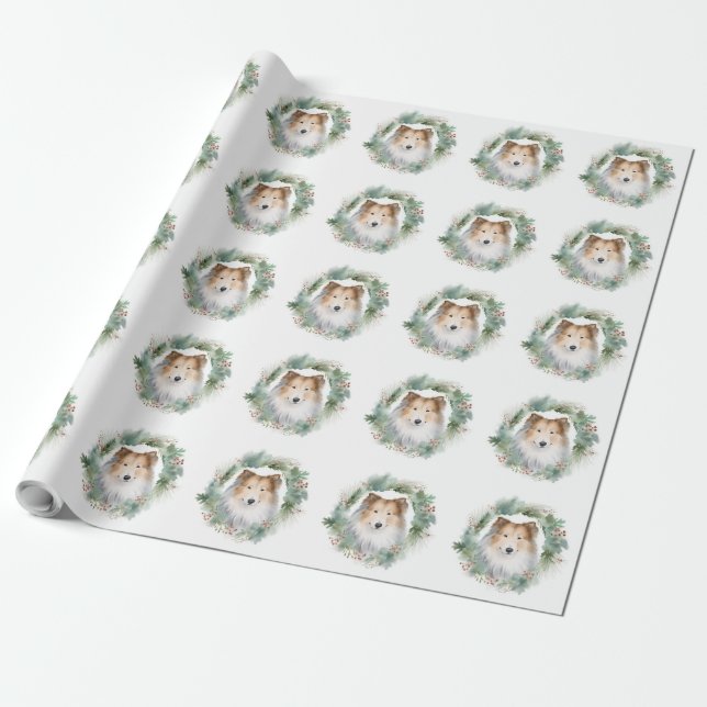 Rough Collie Christmas Wreath Festive Pup  Wrapping Paper (Unrolled)