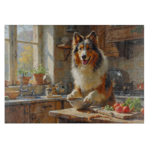 Rough Collie Cooking in Kitchen Cutting Board