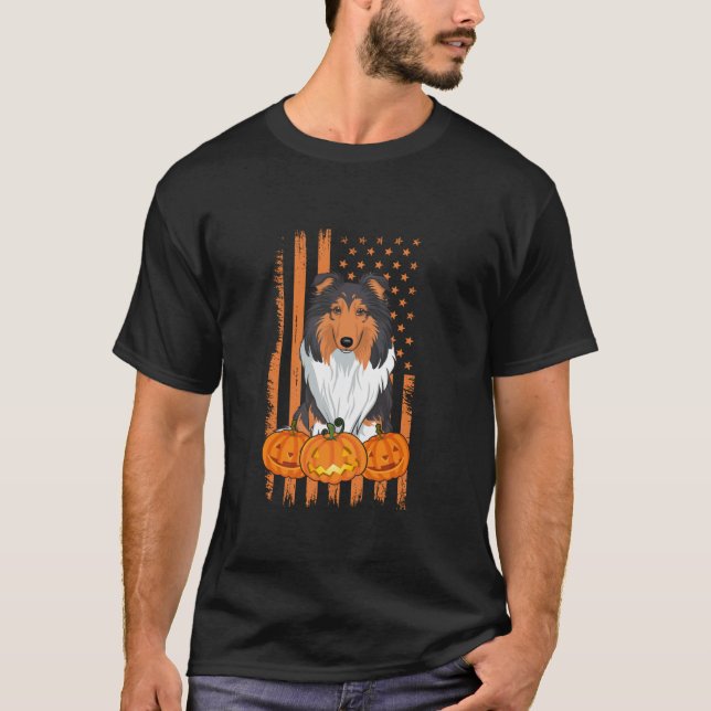 Rough Collie Dog American Flag Patriotic Halloween T-Shirt (Front)
