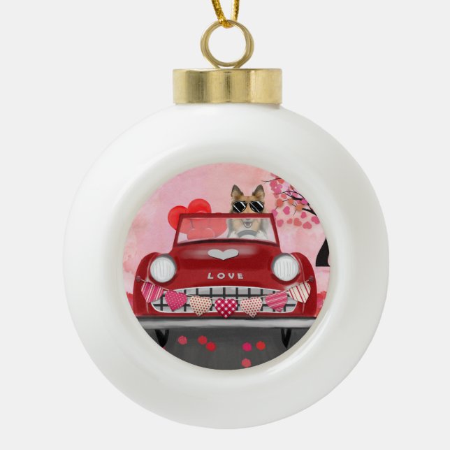 Rough Collie Dog Car with Hearts Valentine's  Ceramic Ball Christmas Ornament (Front)