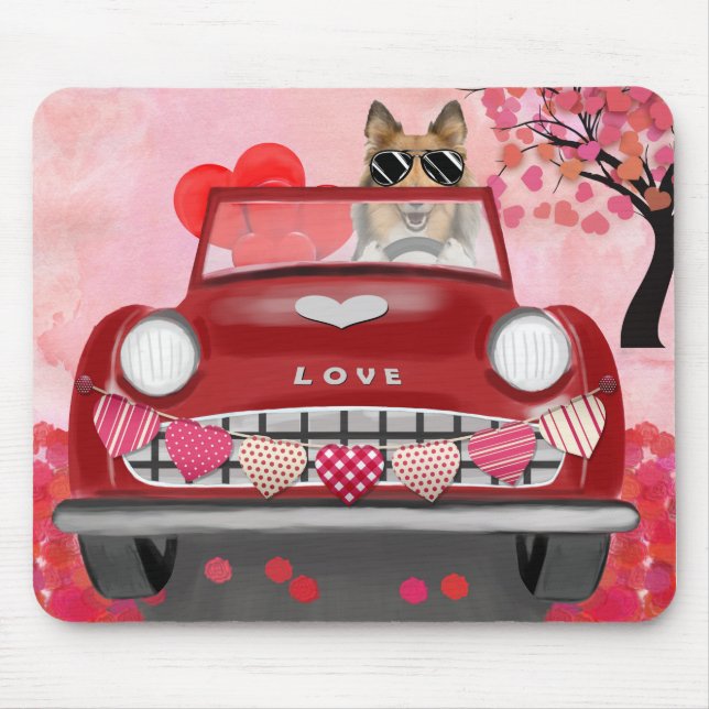 Rough Collie Dog Car with Hearts Valentine's  Mouse Mat (Front)