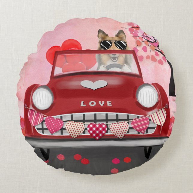 Rough Collie Dog Car with Hearts Valentine's  Round Cushion (Front)