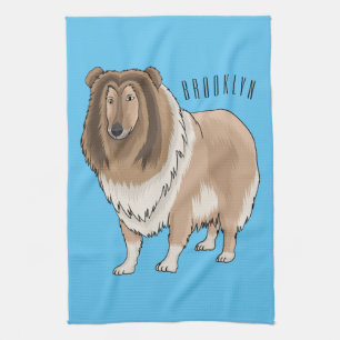 Rough collie dog cartoon illustration tea towel