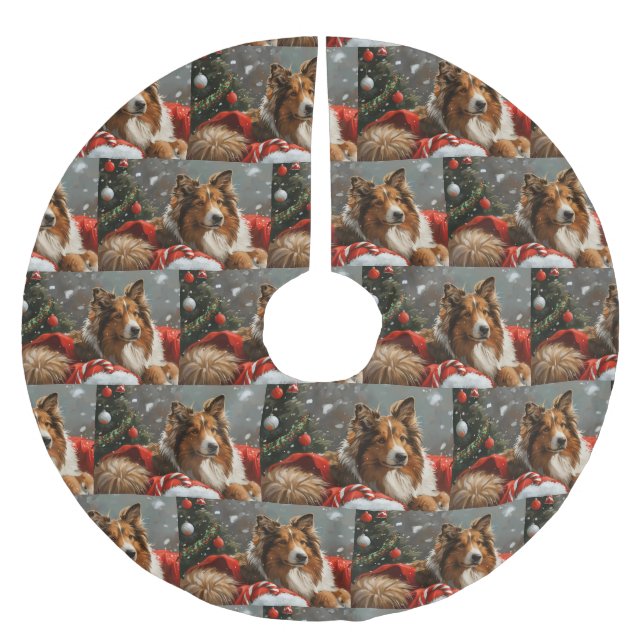 Rough Collie Dog Christmas Festive Brushed Polyester Tree Skirt (Front)
