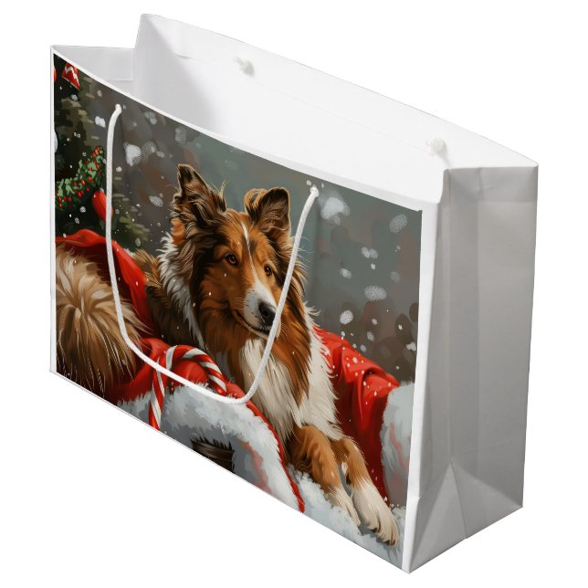 Rough Collie Dog Christmas Festive Large Gift Bag (Front Angled)