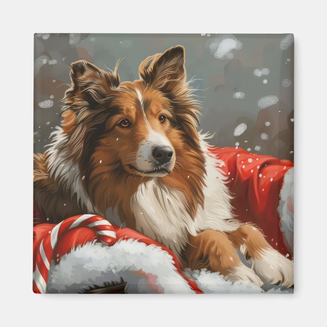 Rough Collie Dog Christmas Festive Magnet (Front)
