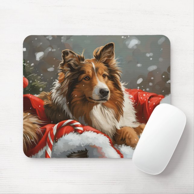 Rough Collie Dog Christmas Festive Mouse Mat (With Mouse)