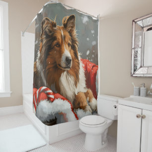 Rough Collie Dog Christmas Festive Shower Curtain