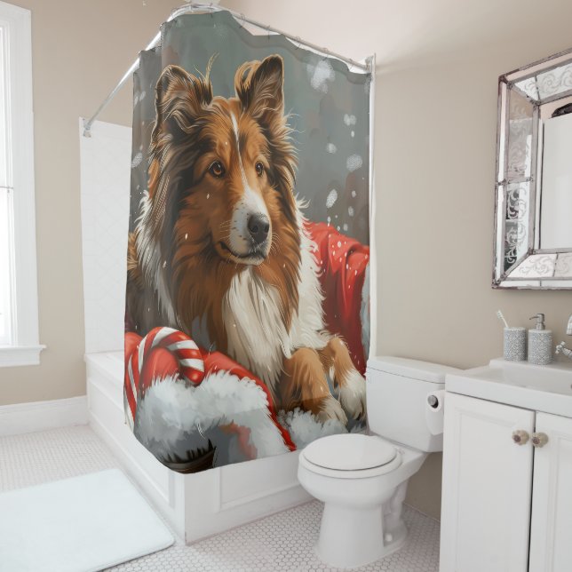 Rough Collie Dog Christmas Festive Shower Curtain (In Situ)