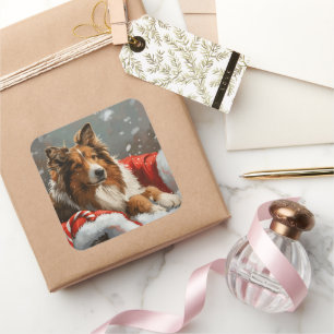 Rough Collie Dog Christmas Festive Square Sticker