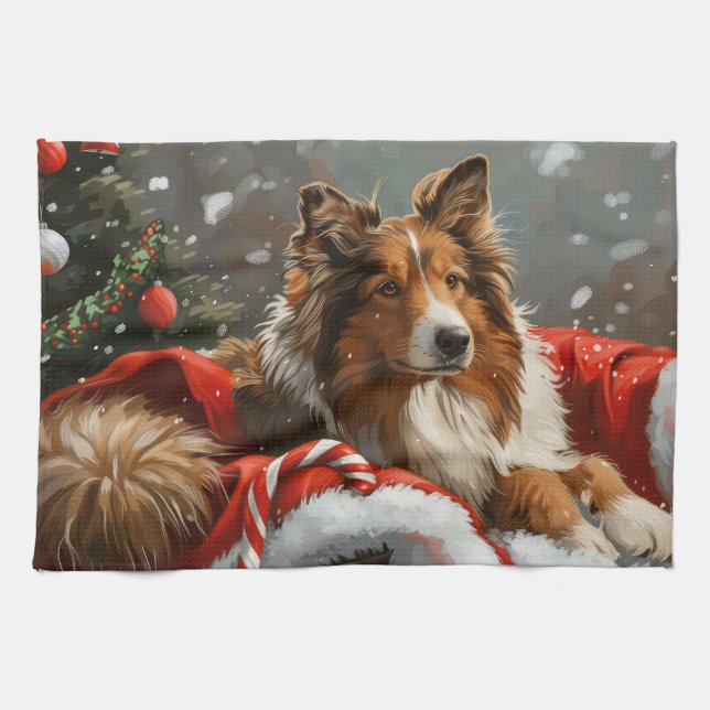 Rough Collie Dog Christmas Festive Tea Towel (Horizontal)