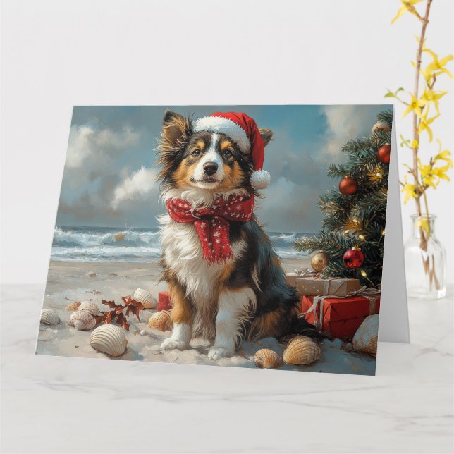 Rough Collie Dog Christmas Vintage Beach  Card (Yellow Flower)