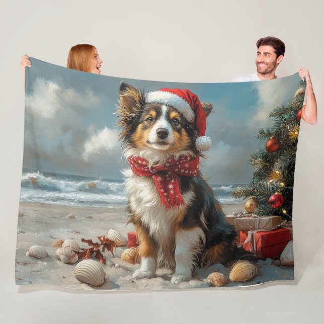 Rough Collie Dog Christmas Vintage Beach  Fleece Blanket (In Situ)