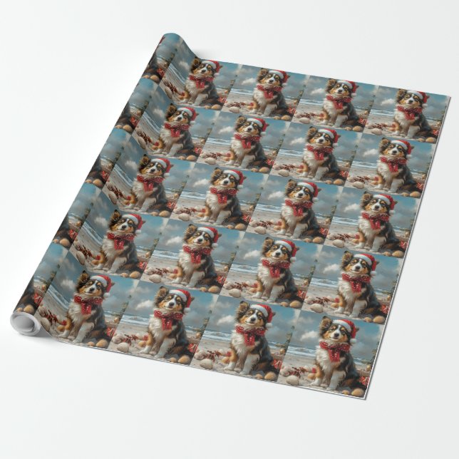 Rough Collie Dog Christmas Vintage Beach  Wrapping Paper (Unrolled)