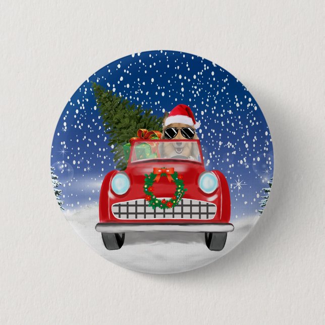 Rough Collie Dog Driving Car In Snow Christmas  6 Cm Round Badge (Front)
