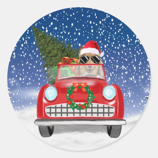 Rough Collie Dog Driving Car In Snow Christmas Classic Round Sticker (Front)