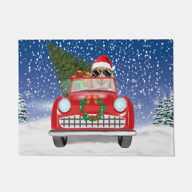 Rough Collie Dog Driving Car In Snow Christmas  Doormat (Front)