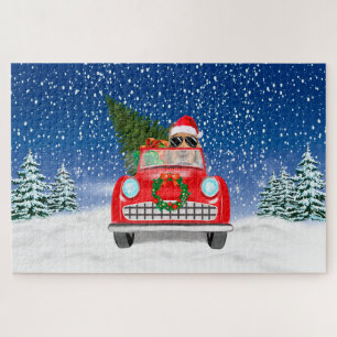 Rough Collie Dog Driving Car In Snow Christmas  Jigsaw Puzzle
