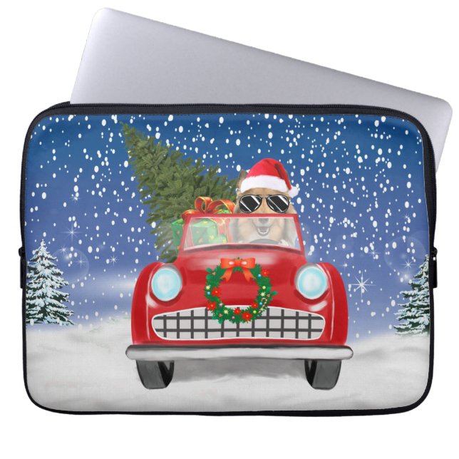 Rough Collie Dog Driving Car In Snow Christmas Laptop Sleeve (Front)