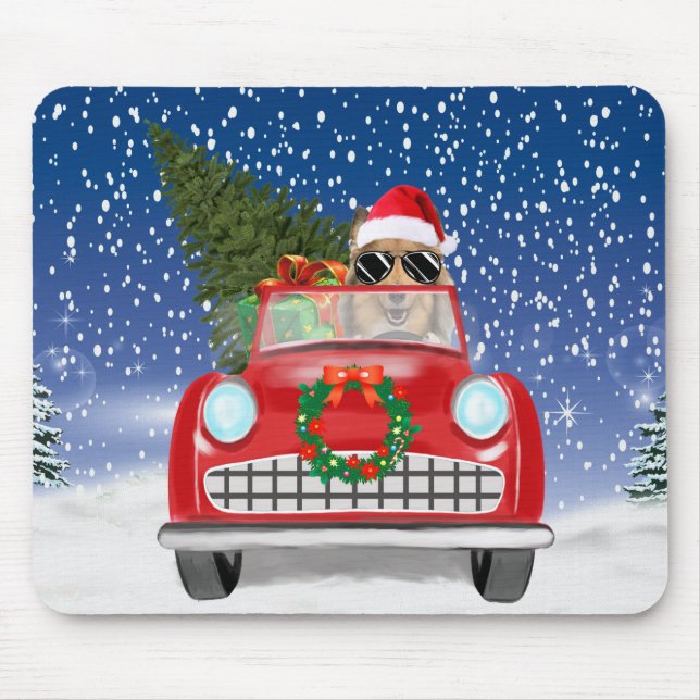Rough Collie Dog Driving Car In Snow Christmas Mouse Mat (Front)
