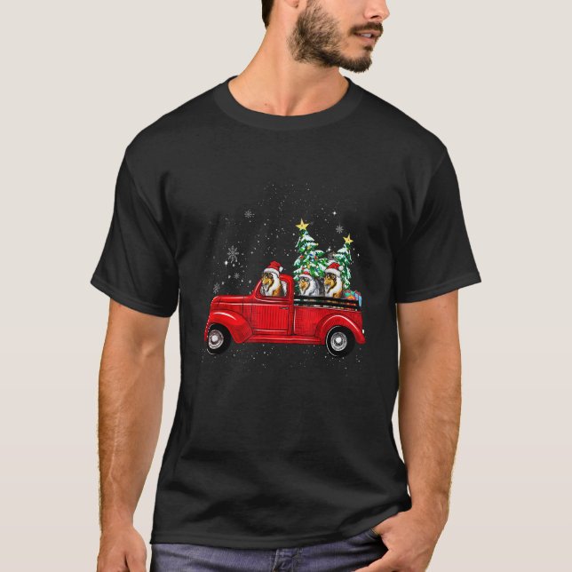Rough Collie Dog Driving Xmas Truck Christmas Tree T-Shirt (Front)
