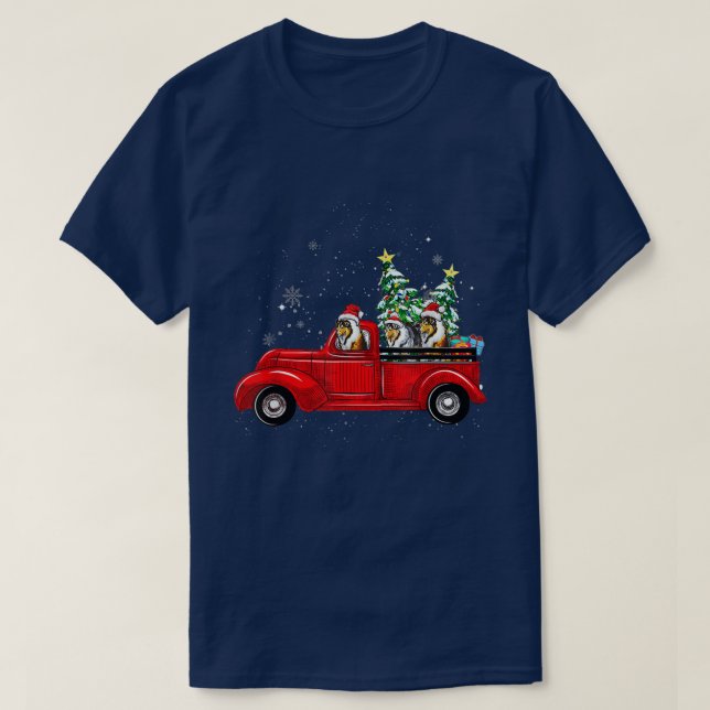 Rough Collie Dog Driving Xmas Truck Christmas Tree T-Shirt (Design Front)