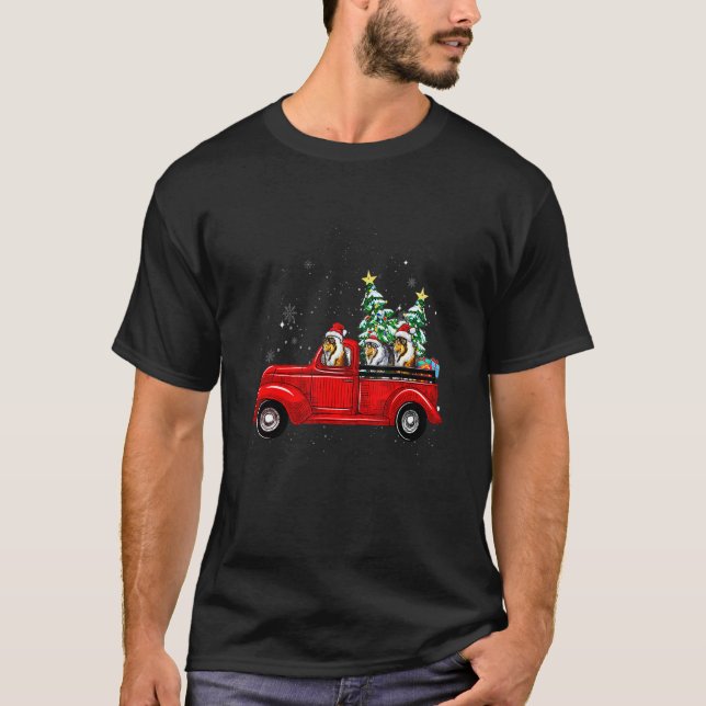 Rough Collie Dog Driving Xmas Truck Christmas Tree T-Shirt (Front)