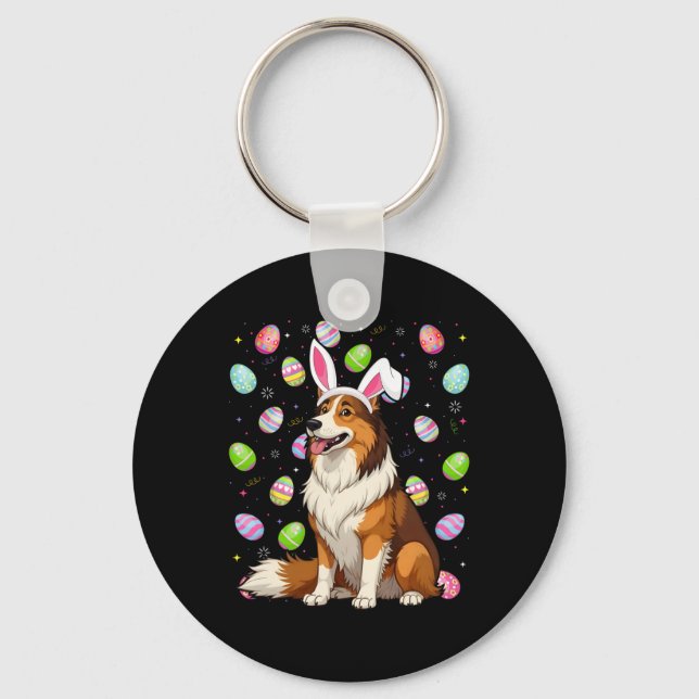 Rough Collie Dog Easter Egg Hunt Bunny Ear Easter  Key Ring (Front)