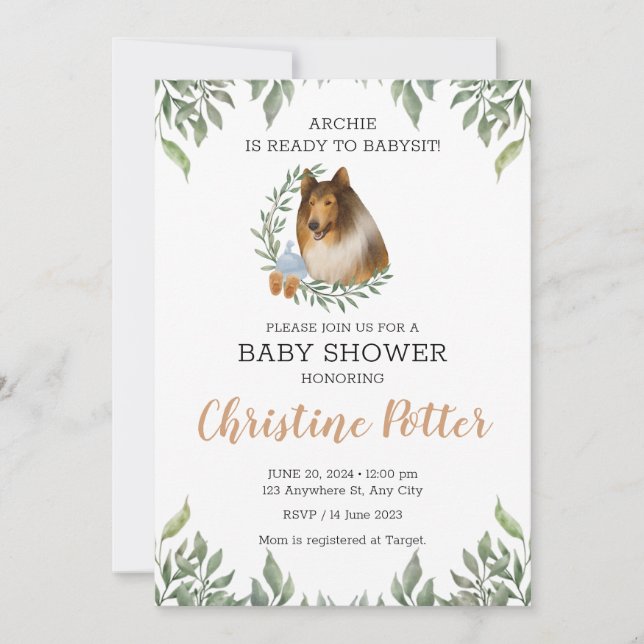Rough Collie Dog Greenery Boho Baby Shower Invitation (Front)