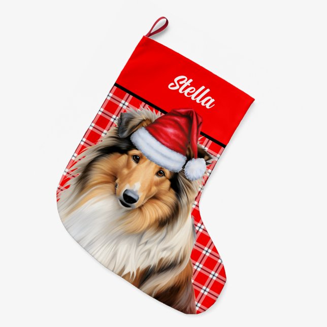 Rough Collie Dog Holiday Red Plaid Personalised Large Christmas Stocking (Front (Hanging))