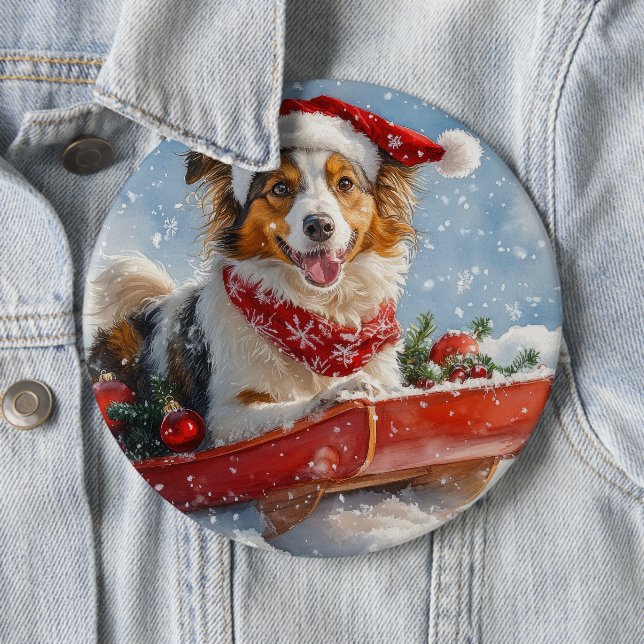 Rough Collie Dog in Sledge Let it Snow Christmas 6 Cm Round Badge (In Situ)