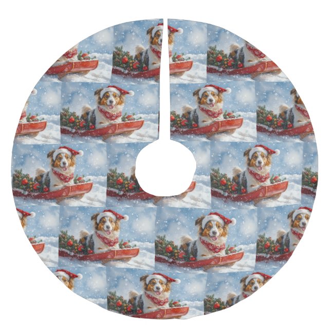Rough Collie Dog in Sledge Let it Snow Christmas Brushed Polyester Tree Skirt (Front)