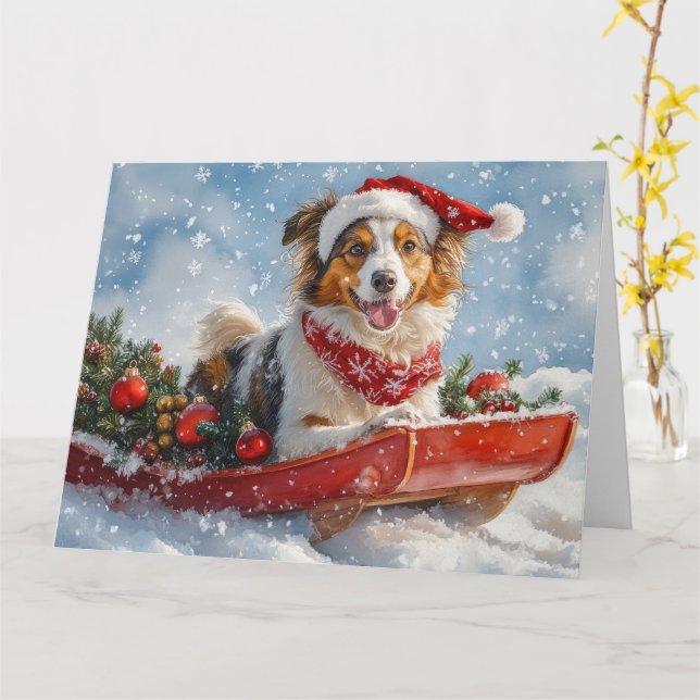 Rough Collie Dog in Sledge Let it Snow Christmas Card (Yellow Flower)
