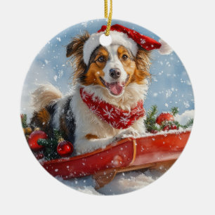 Rough Collie Dog in Sledge Let it Snow Christmas Ceramic Tree Decoration