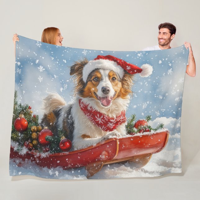 Rough Collie Dog in Sledge Let it Snow Christmas Fleece Blanket (In Situ)