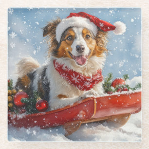 Rough Collie Dog in Sledge Let it Snow Christmas Glass Coaster
