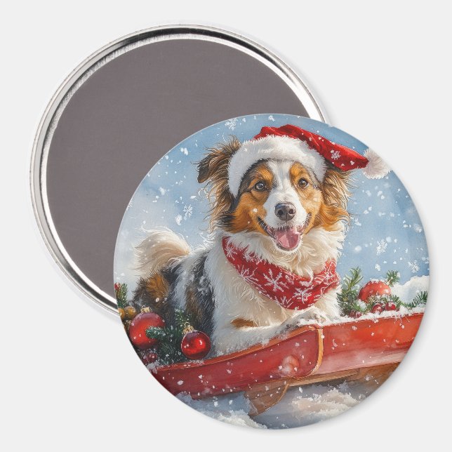 Rough Collie Dog in Sledge Let it Snow Christmas Magnet (Front/Back)