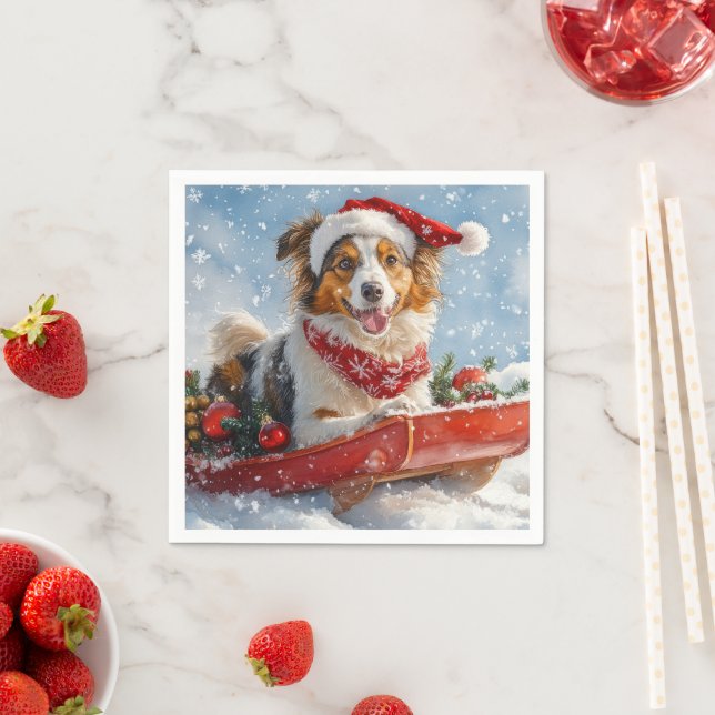 Rough Collie Dog in Sledge Let it Snow Christmas Napkin (Insitu)