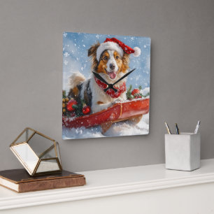 Rough Collie Dog in Sledge Let it Snow Christmas Square Wall Clock