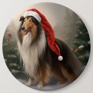 Rough Collie Dog in Snow Christmas 6 Cm Round Badge