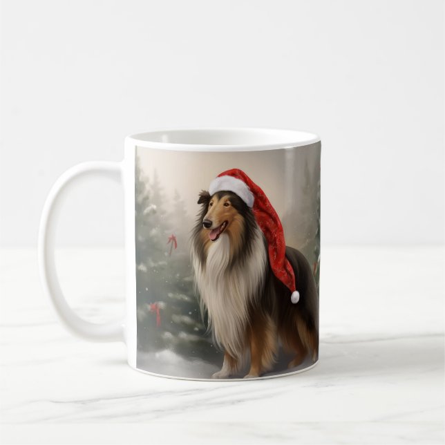 Rough Collie Dog in Snow Christmas Coffee Mug (Left)