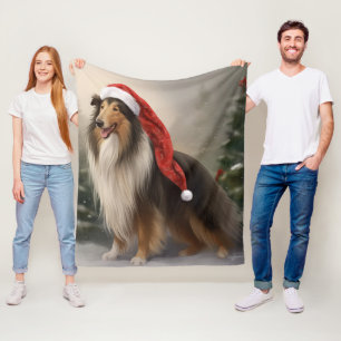 Rough Collie Dog in Snow Christmas Fleece Blanket