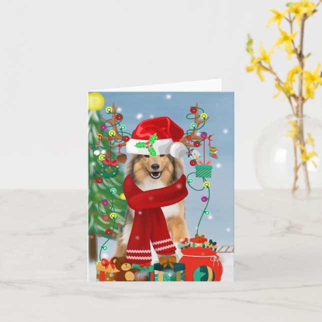 Rough Collie Dog in Snow Christmas Gift   Card (Yellow Flower)