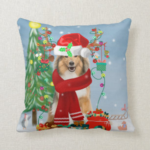 Rough Collie Dog in Snow Christmas Gift Cushion