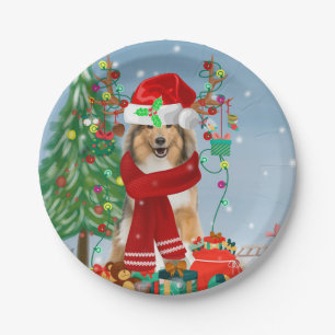 Rough Collie Dog in Snow Christmas Gift Paper Plate