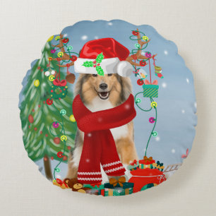 Rough Collie Dog in Snow Christmas Gift Round Cushion