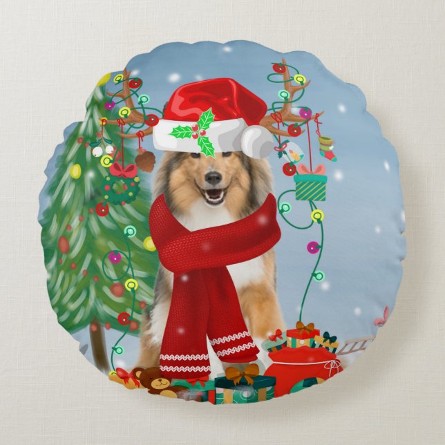 Rough Collie Dog in Snow Christmas Gift   Round Cushion (Front)